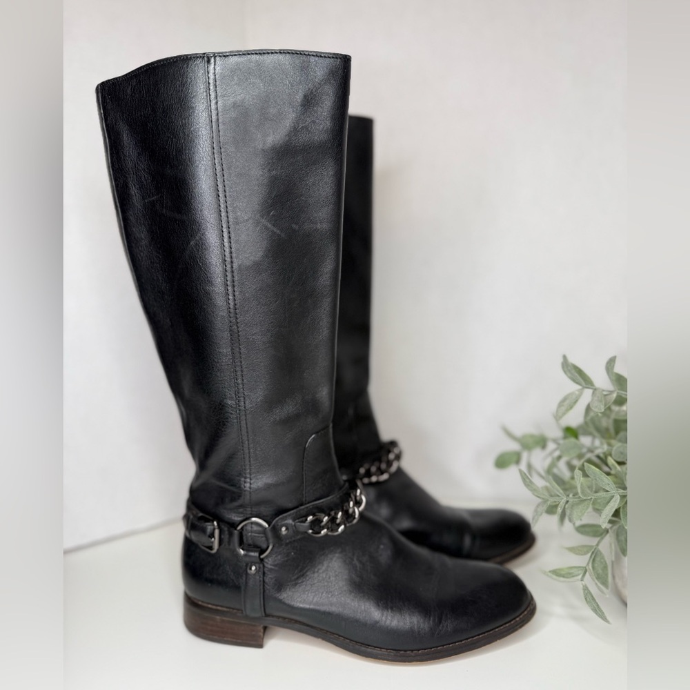 Coach Mabel Black Riding Boots w/Chain Detail Size 8B Normcore Whimsigoth Boho